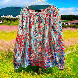 Jones New York Signature Paisley Tunic Womens Small Blue & Red Balloon Sleeves